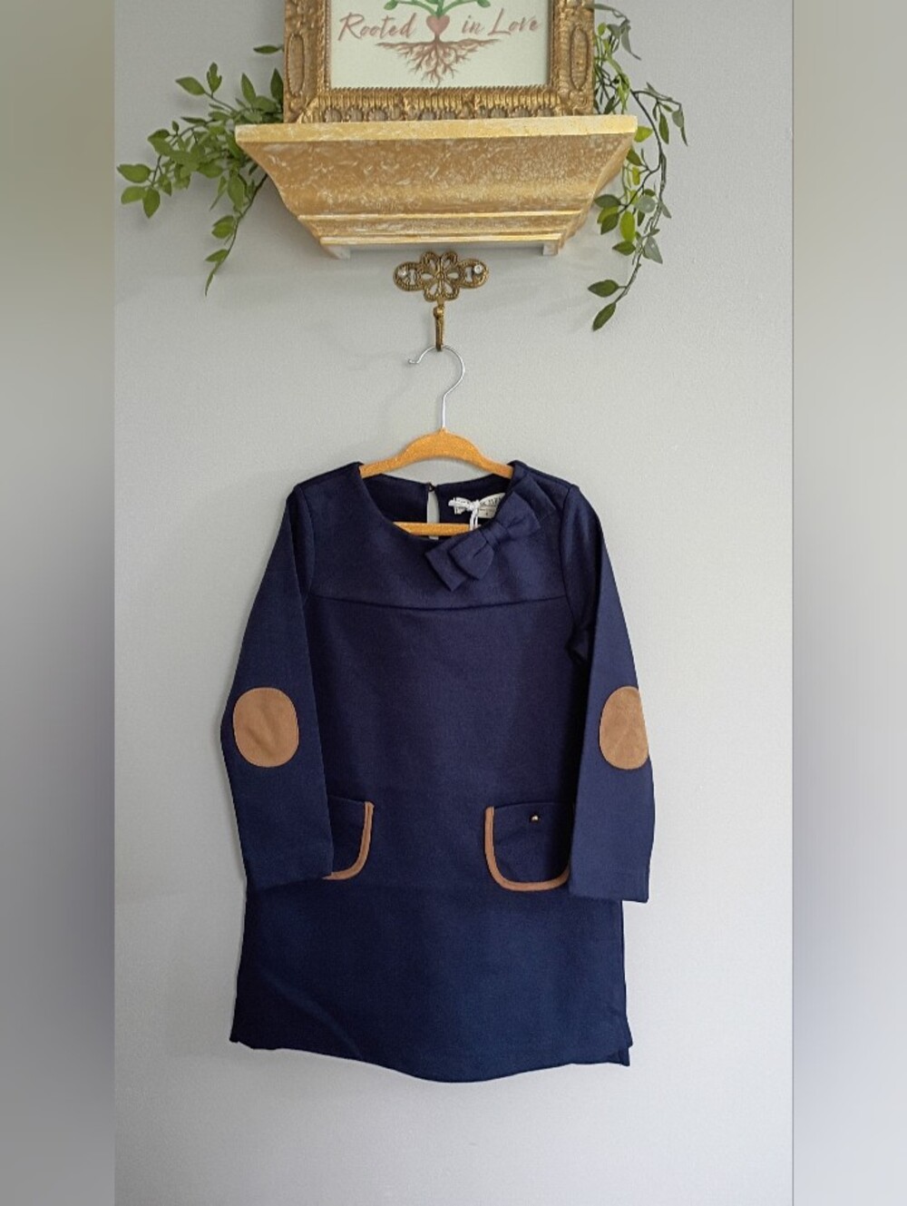Hope& Henry Classic Navy Girls' Formal Dress with Tan Elbow Patches